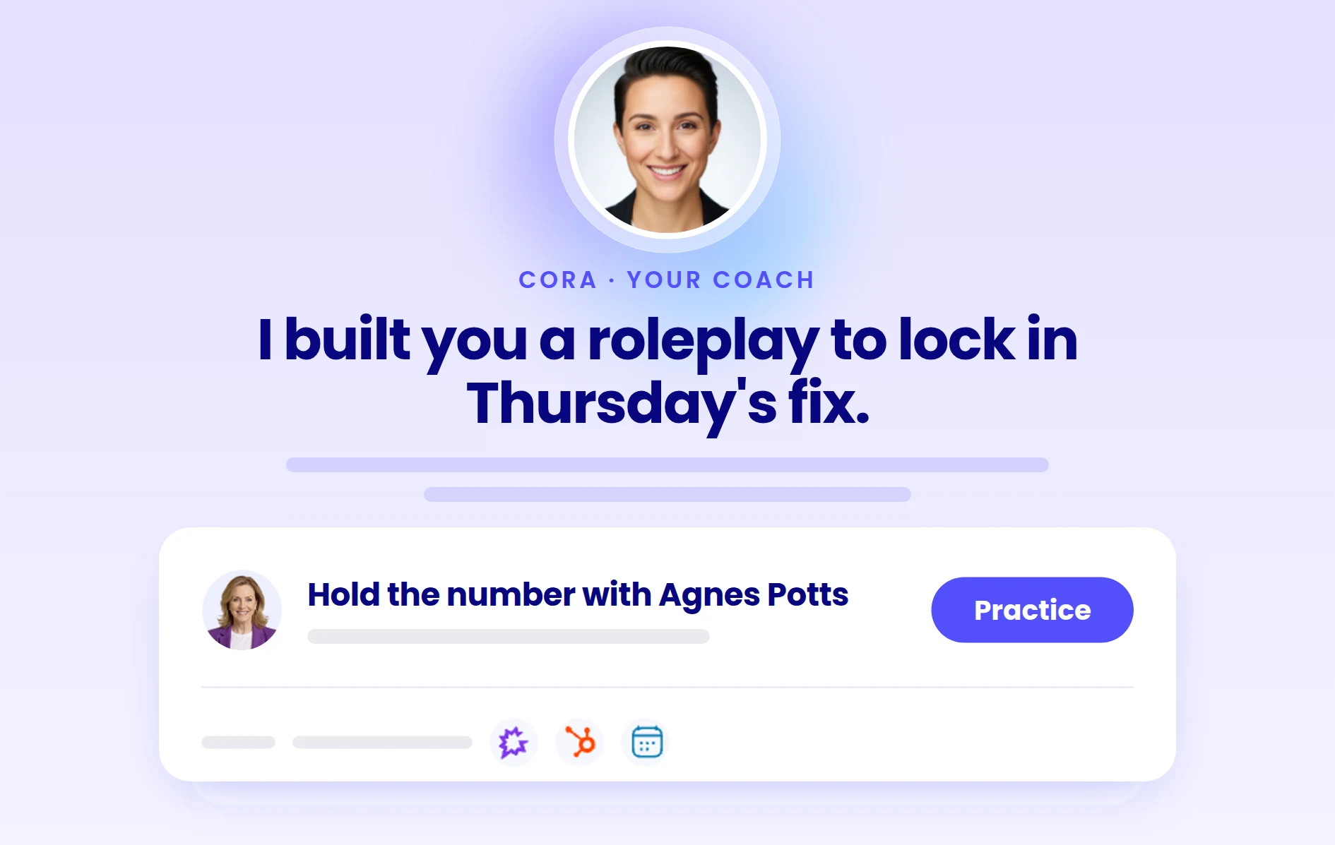 Cora, the Yoodli coach: I built you a roleplay to lock in Thursday's fix, with a practice session to hold the number with Agnes Potts